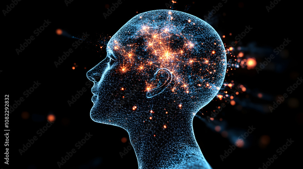 Poster abstract 3d digital head illustration: neural network glows with energy, representing cognitive proc