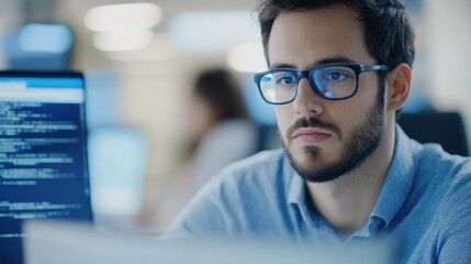 A young male software developer with glasses is intensely focused on dual monitors, reviewing lines of code in a bright, contemporary office setting during daylight hours
