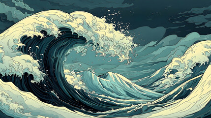 Enormous Ocean Wave Illustration in Ukiyo-e Style, Dramatic Teal and Cream Colors, Powerful and Majestic, Abstract Background