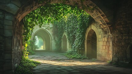 A historic stone archway with ivy-covered walls and soft sunlight, creating a mysterious yet inviting scene