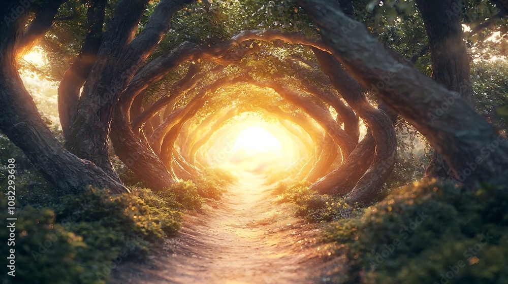 Poster surreal landscape of enchanting intertwined trees forming a glowing archway over a mystical path
