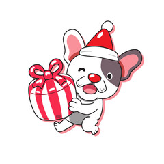 Naklejka premium Merry christmas cute cartoon french bulldog with gift box for design.