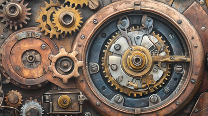 Fototapeta premium Intricate vintage mechanical clock with brass gears, showcasing steampunk design elements and antique craftsmanship in a detailed close-up. Steampunk. Illustration