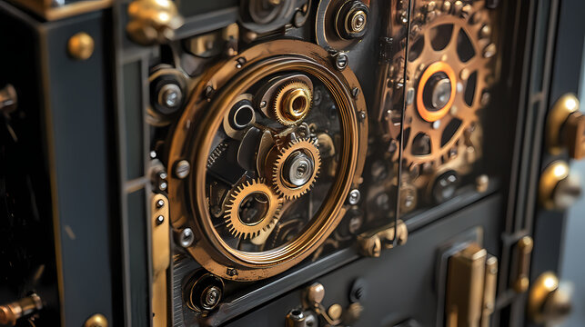 Intricate vintage mechanical clock with brass gears, showcasing steampunk design elements and antique craftsmanship in a detailed close-up. Steampunk. Illustration