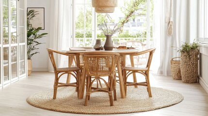 Cozy Dining Area with Rattan Furniture and Natural Light