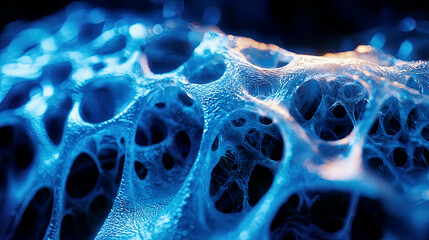 Hyper-realistic scene of bio-printed cartilage fibers, sharp focus on cellular scaffolds, glowing blue lighting 