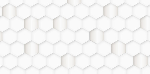 White color embossed hexagon background, Luxury wallpaper Illustration, Futuristic  3d abstract honeycomb mosaic white background, Modern trendy white light and shadow.