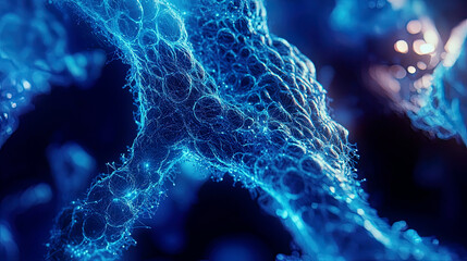 Hyper-realistic scene of bio-printed muscle fibers, intricate cellular structures, glowing blue lab lighting 