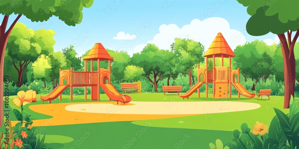 Poster a colorful playground with slides and climbing structures surrounded by trees and benches.