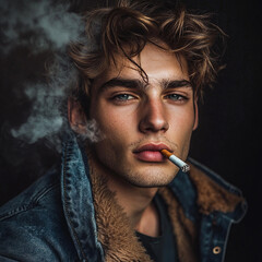 Fototapeta premium Portrait of a very attractive gay male model smoking, guy looking cool while smoking. smoking fetish. Smoking is sexy. Handsome guy enjoying his cigarette.