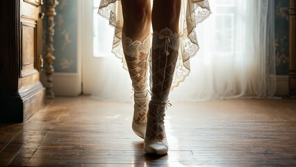 Bridal lingerie model s lower body and long legs in vintage lace stockings walking