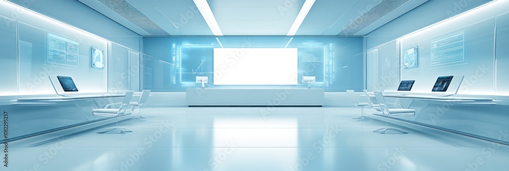 Poster modern, futuristic workspace with large screen and digital interfaces.