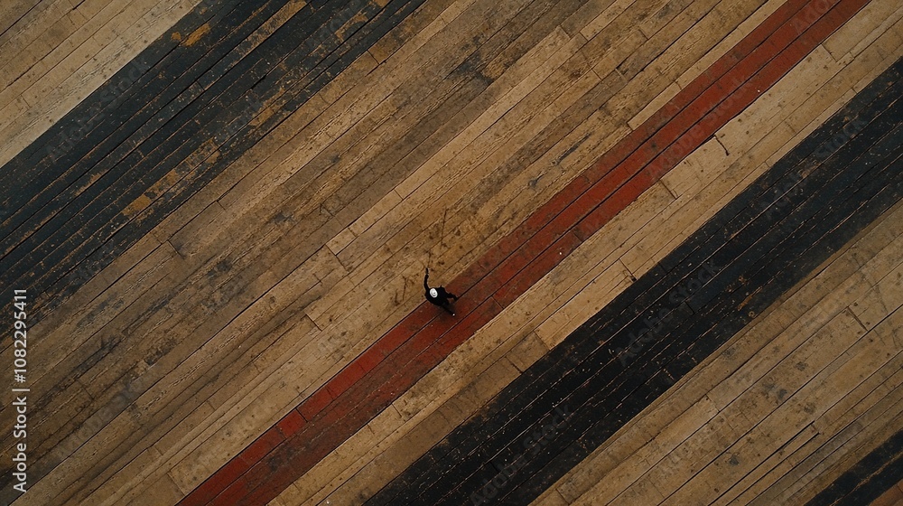 Aufkleber aerial view of a single individual walking on a rustic wooden floor with unique patterns and texture
