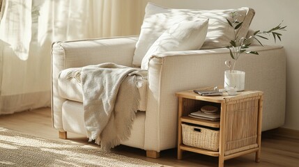 Cozy Living Room Armchair with Soft Textiles and Decor
