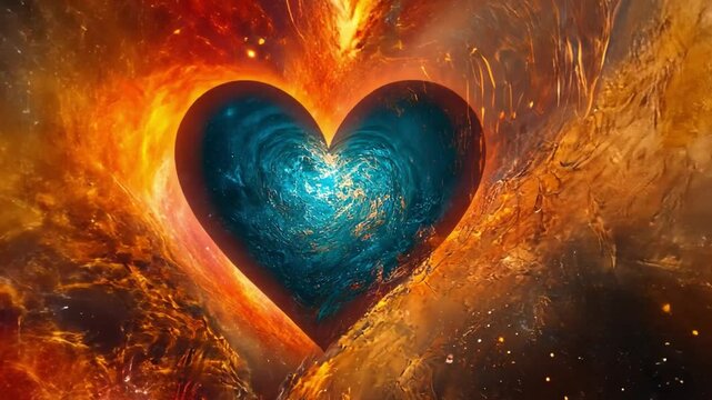 Fiery Heart Nebula: A cosmic heart of teal and turquoise glows intensely within a swirling nebula of fiery orange and red.  A mesmerizing image of love, passion, and the power of the universe. 
