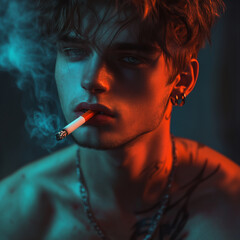 Obraz premium Portrait of a very attractive gay male model smoking, guy looking cool while smoking. smoking fetish. Smoking is sexy. Handsome guy enjoying his cigarette.