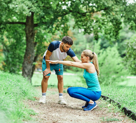 Fototapeta premium fitness woman man sport exercise coach instructor training sport teacher occupation professional workout body trainer personal healthy lifestyle assistance