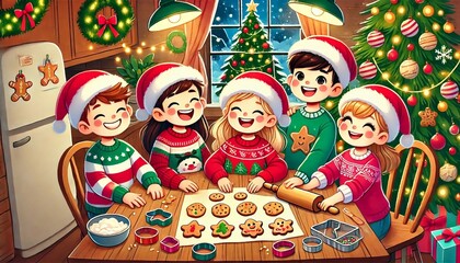 Fototapeta premium Happy Children Baking Christmas Cookies in Santa Hats and Festive Sweaters