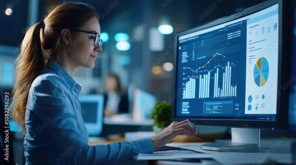 Poster a focused woman in a button-up shirt reviews detailed statistical data on her computer screen in a c