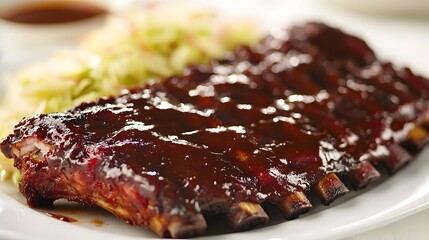 Obraz premium A rack of BBQ ribs, slow-cooked and smothered in tangy barbecue sauce, served with coleslaw.