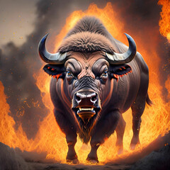 bull angry buffalo fire animal ai generated art