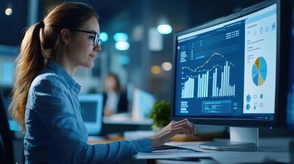 A focused woman in a button-up shirt reviews detailed statistical data on her computer screen in a contemporary office environment, surrounded by colleagues