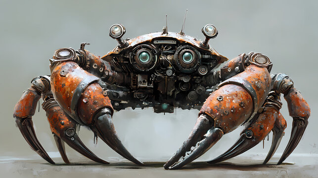 Mechanic crab with steampunk style incorporating animal robot elements, mechanic, crab, steampunk, art, animal, robot. Steampunk. Illustration
