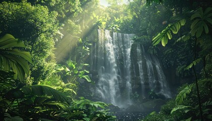 Lush Tropical Rainforest with a Waterfall Cascading into a Pool