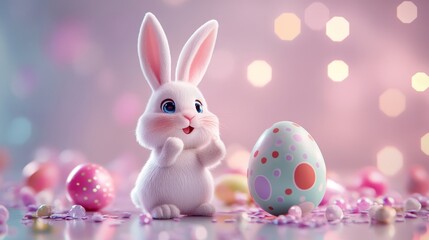 Fototapeta premium Celebrate Easter with an adorable bunny and a festive egg, symbolizing the joy and spirit of the holiday.