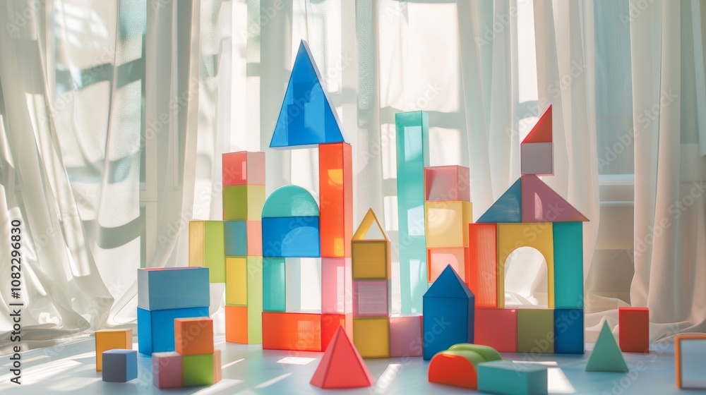 Poster a creative block-building setup in a bright playroom, colorful building blocks arranged artistically