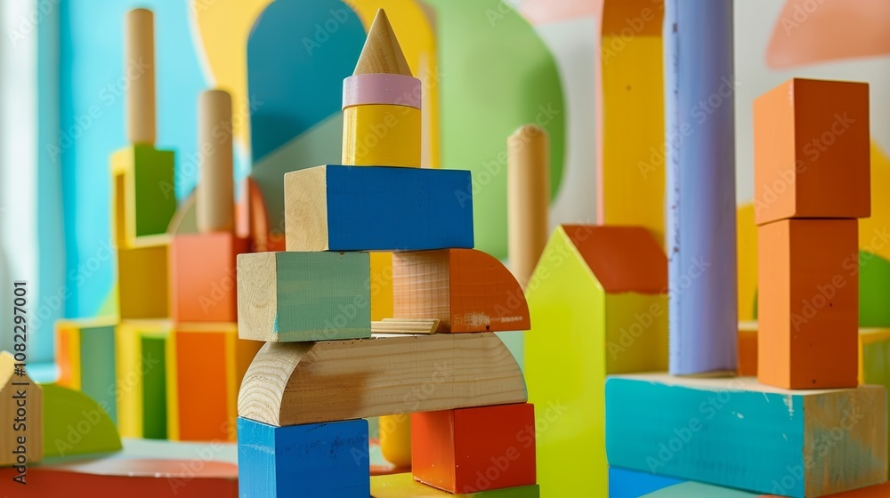 Aufkleber A creative block-building setup in a colorful playroom, Building blocks arranged in playful stacks, Contemporary educational style