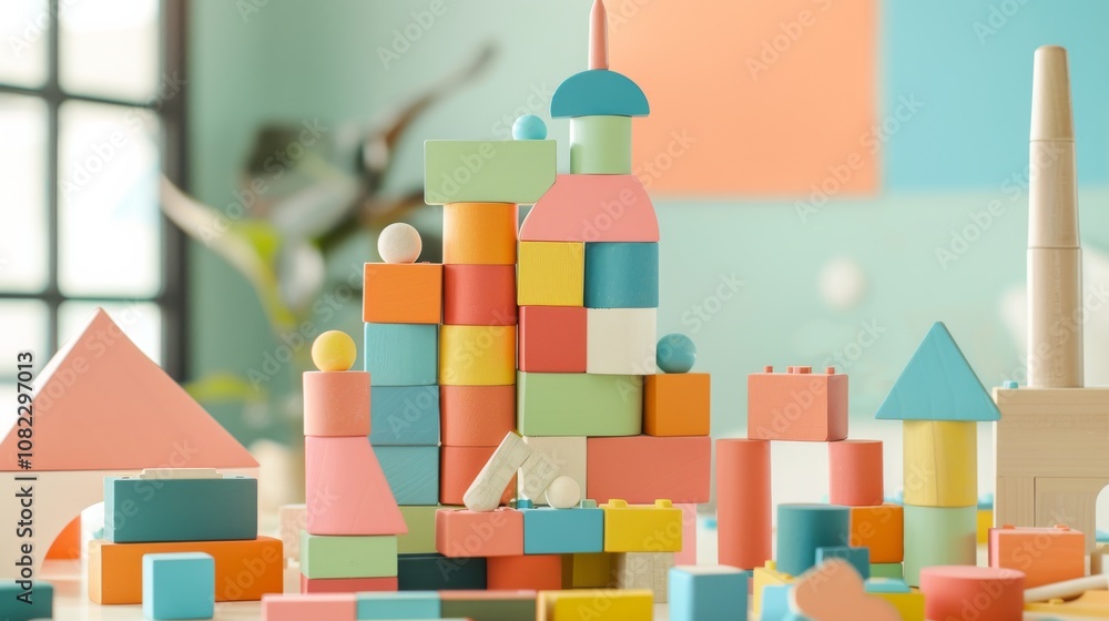 Poster A creative block-building setup in a bright playroom, Colorful building blocks arranged artistically, Contemporary playful style