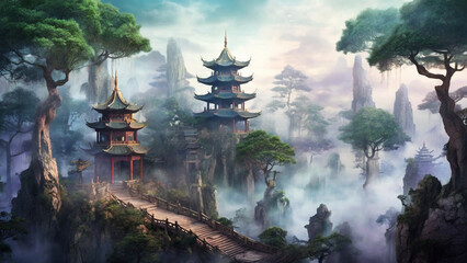 Chinese Fantasy Landscape Scene with Misty Mountains and Ancient Temples.