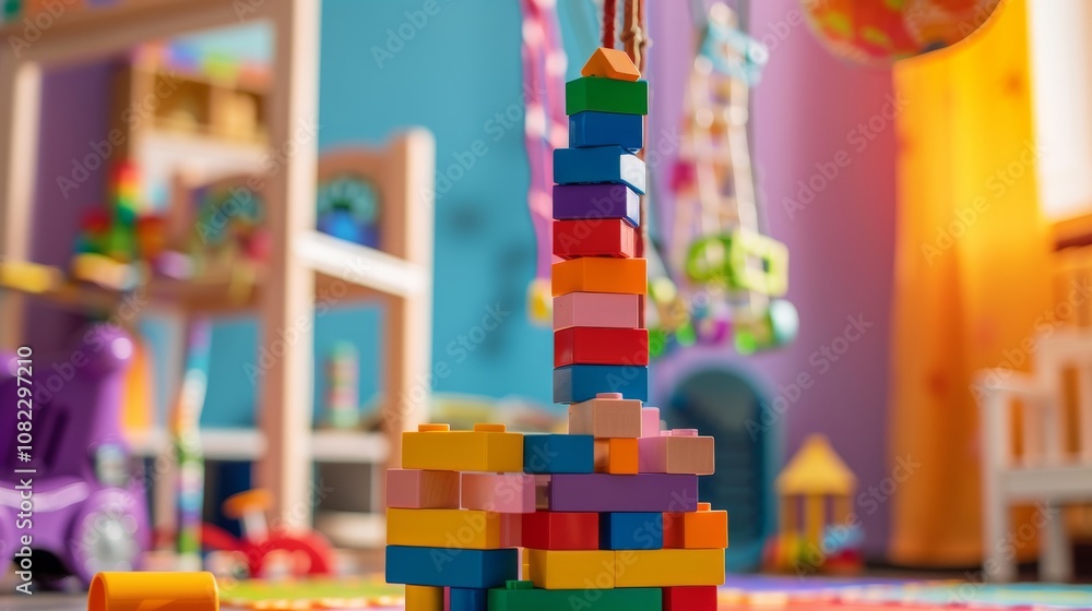 Aufkleber A creative block-building setup in a colorful playroom, Building blocks arranged in playful stacks, Contemporary educational style