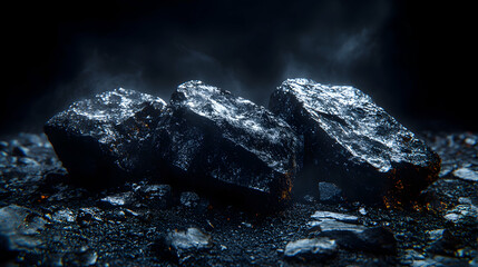 Dark, Smoky 3D Render of Rough, Black Rocks Resting on Coal Dust
