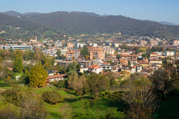 Naklejka premium View of Bergamo from Rocca di Bergamo fortress in Upper Town Citta Alta. Bergamo. Italy