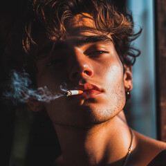Fototapeta premium Portrait of a very attractive gay male model smoking, guy looking cool while smoking. smoking fetish. Smoking is sexy. Handsome guy enjoying his cigarette.