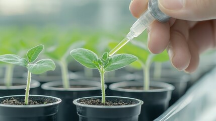 agrochemical concept, A close-up of a hand using a pipette to apply liquid to small green seedlings growing in pots, showcasing precision in plant care.