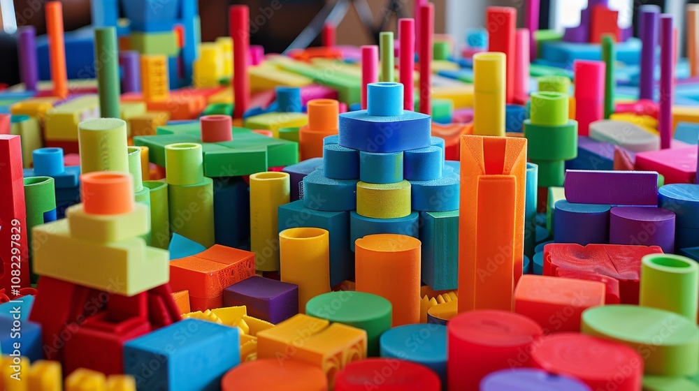 Poster A creative block-building workshop with colorful constructions, Building blocks arranged for imaginative play, Playful educational style