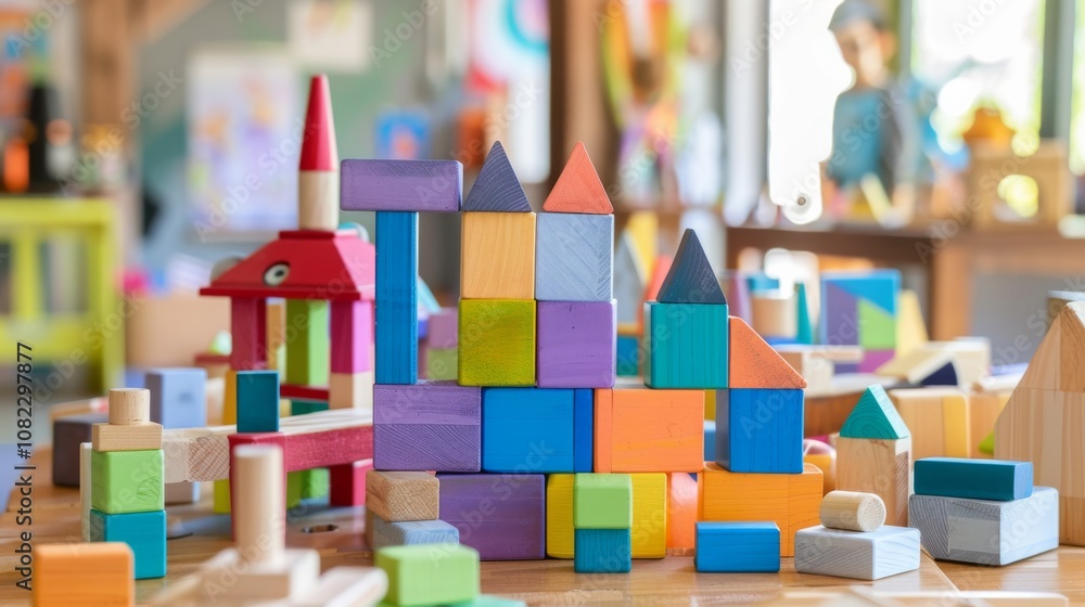 Poster A creative block-building workshop with colorful constructions, Building blocks arranged for imaginative play, Playful educational style
