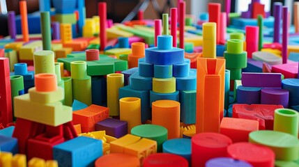 Obraz premium A creative block-building workshop with colorful constructions, Building blocks arranged for imaginative play, Playful educational style