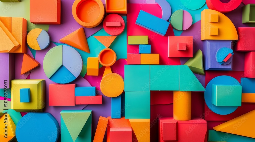 Poster A creative block-building workshop with colorful constructions, Building blocks arranged for imaginative play, Playful educational style