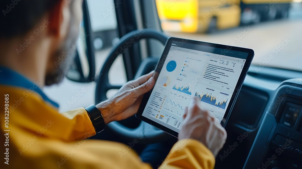Poster a person using a tablet to analyze data while seated in a vehicle.