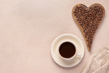 Blank photography of black coffee; americano, espresso; coffee beans; caffeine; roasted arabica, wooden heart, natural drink