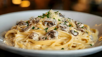 Creamy Mushroom Pasta with Parmesan Cheese - Food Photo