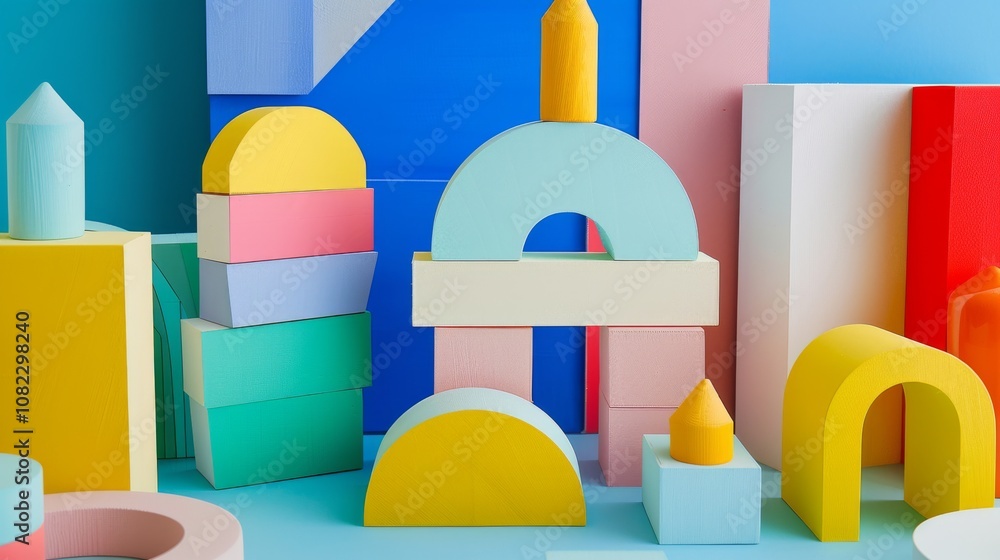 Poster a creative composition featuring a playful block-building scene, colorful blocks meticulously arrang