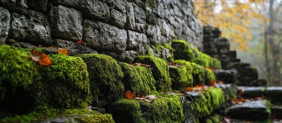 Close-up of a mossy stone wall with autumn leaves scattered on top, showcasing a natural texture and a sense of time passing.