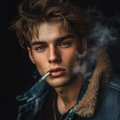 Fototapeta premium Portrait of a very attractive gay male model smoking, guy looking cool while smoking. smoking fetish. Smoking is sexy. Handsome guy enjoying his cigarette.