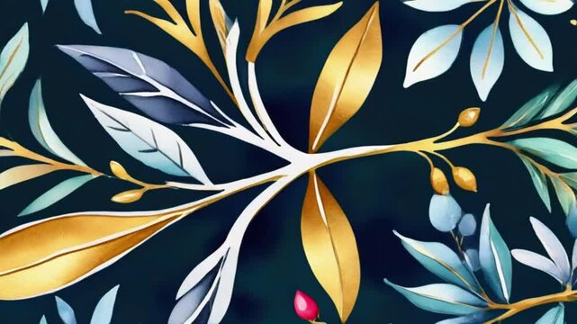 Winter background. Hand painted watercolor and gold brush texture, Flower and botanical leaves hand drawing. Abstract art design for wallpaper, wall arts, cover, wedding and invite card