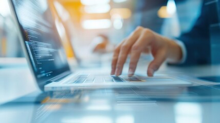 An attentive person is typing on a laptop in a contemporary workspace, immersed in coding activities while colleagues engage in discussion nearby, capturing a dynamic work atmosphere